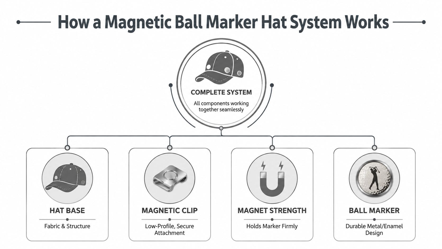 A diagram explaining the components of a magnetic ball marker hat system for golfers.