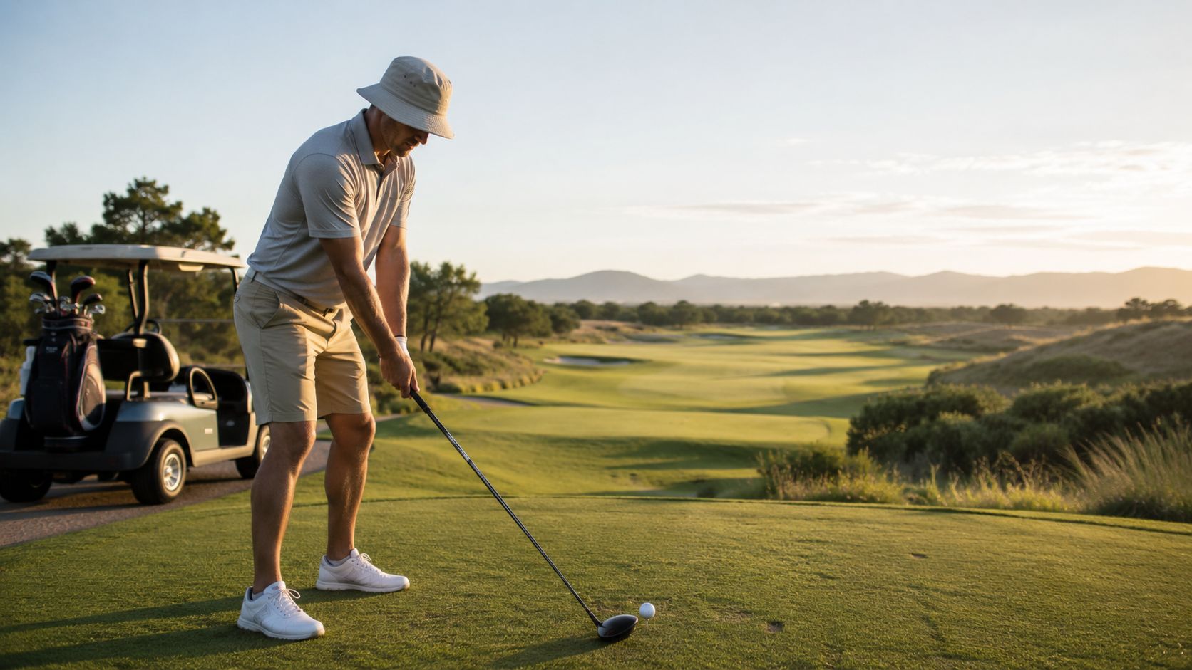 A man wearing a wide brim golf hat preparing to swing his driver on a golf course.