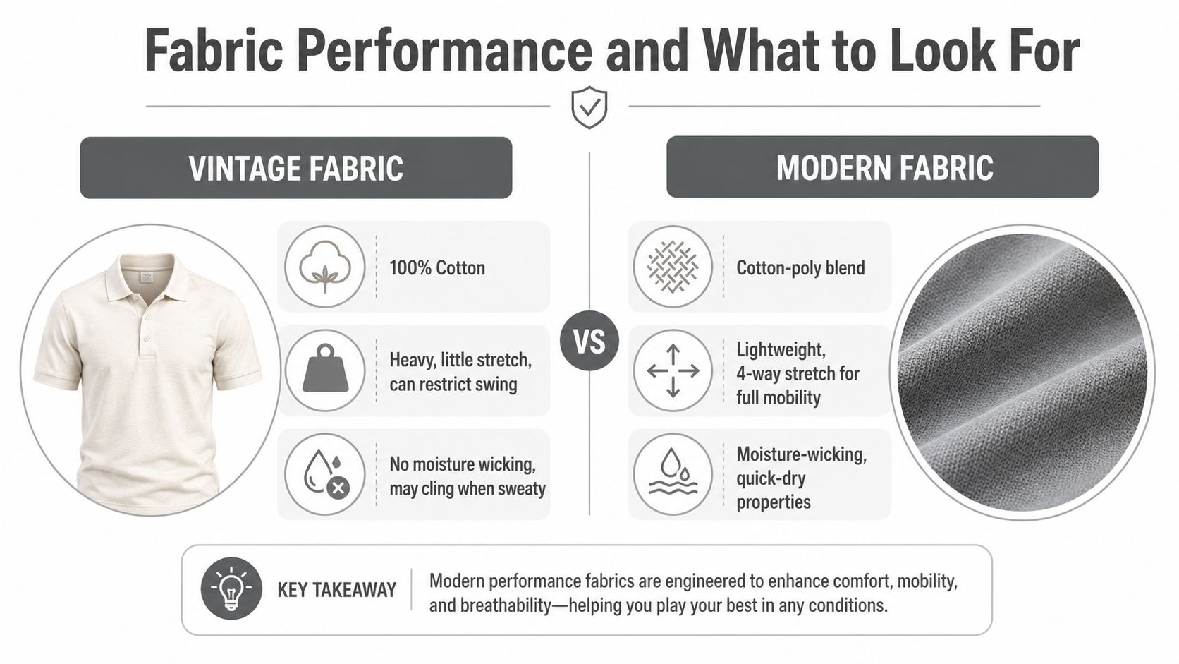 A comparison infographic between vintage cotton fabric and modern performance blend fabrics for sports apparel.