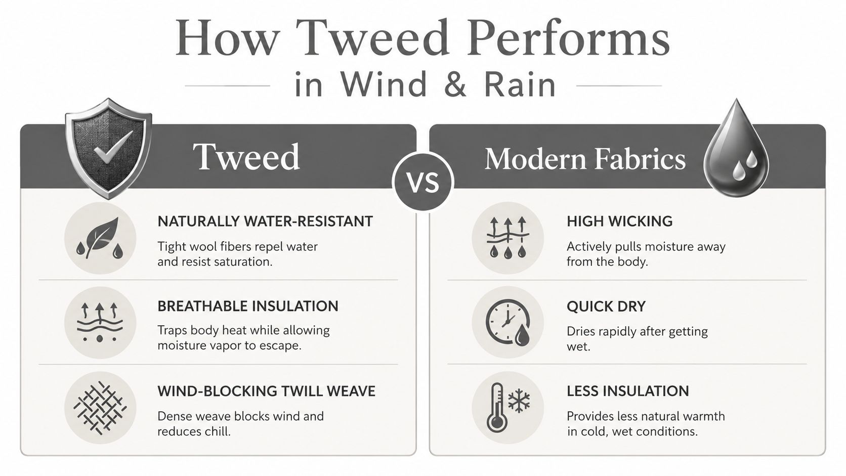 A comparison chart showing how tweed fabric performs better than modern synthetic fabrics in windy, rainy conditions.