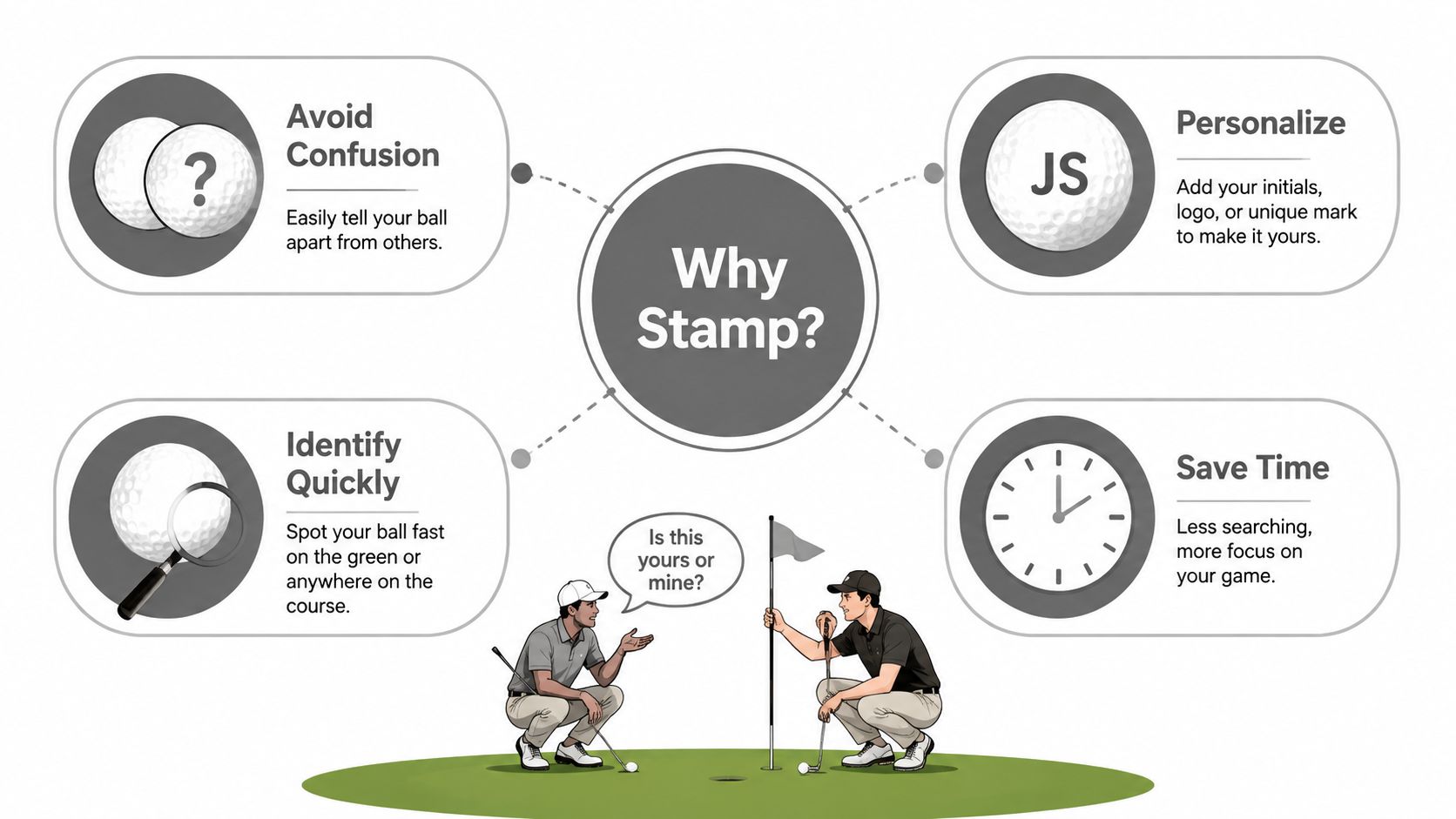 An infographic illustrating four key benefits of using a golf ball stamper for identification on the course.