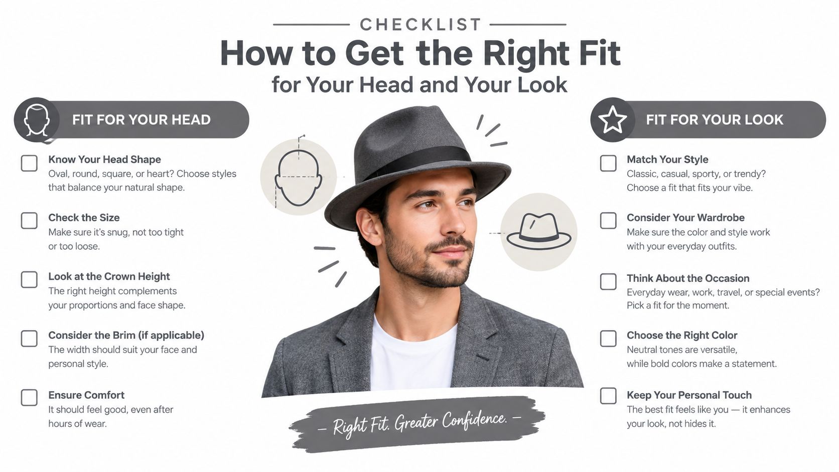 A helpful checklist guide for finding the perfect hat fit for your head shape and personal style.