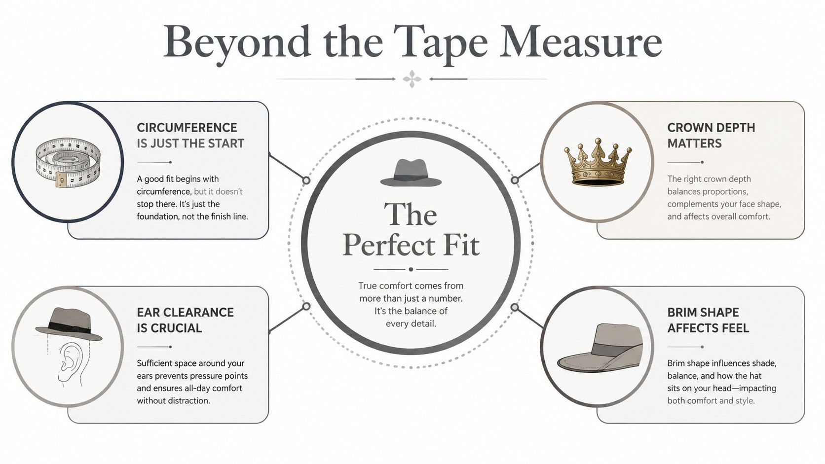 An infographic titled Beyond the Tape Measure, explaining factors like circumference, crown depth, ear clearance, and brim shape.