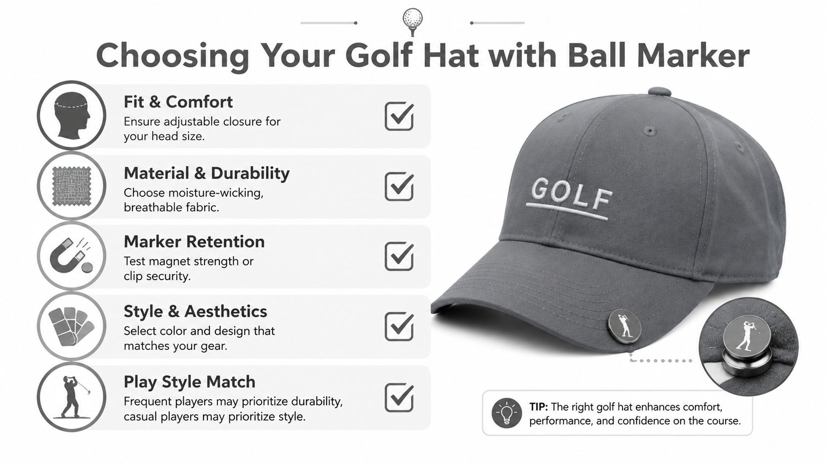 An infographic titled Choosing Your Golf Hat with Ball Marker detailing key features like fit, material, and style.