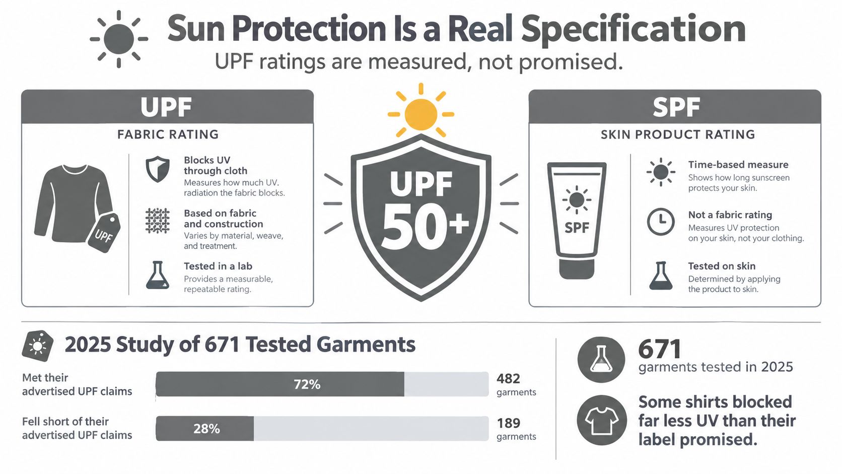 An infographic explaining the difference between UPF fabric ratings and SPF skin product ratings for sun protection.