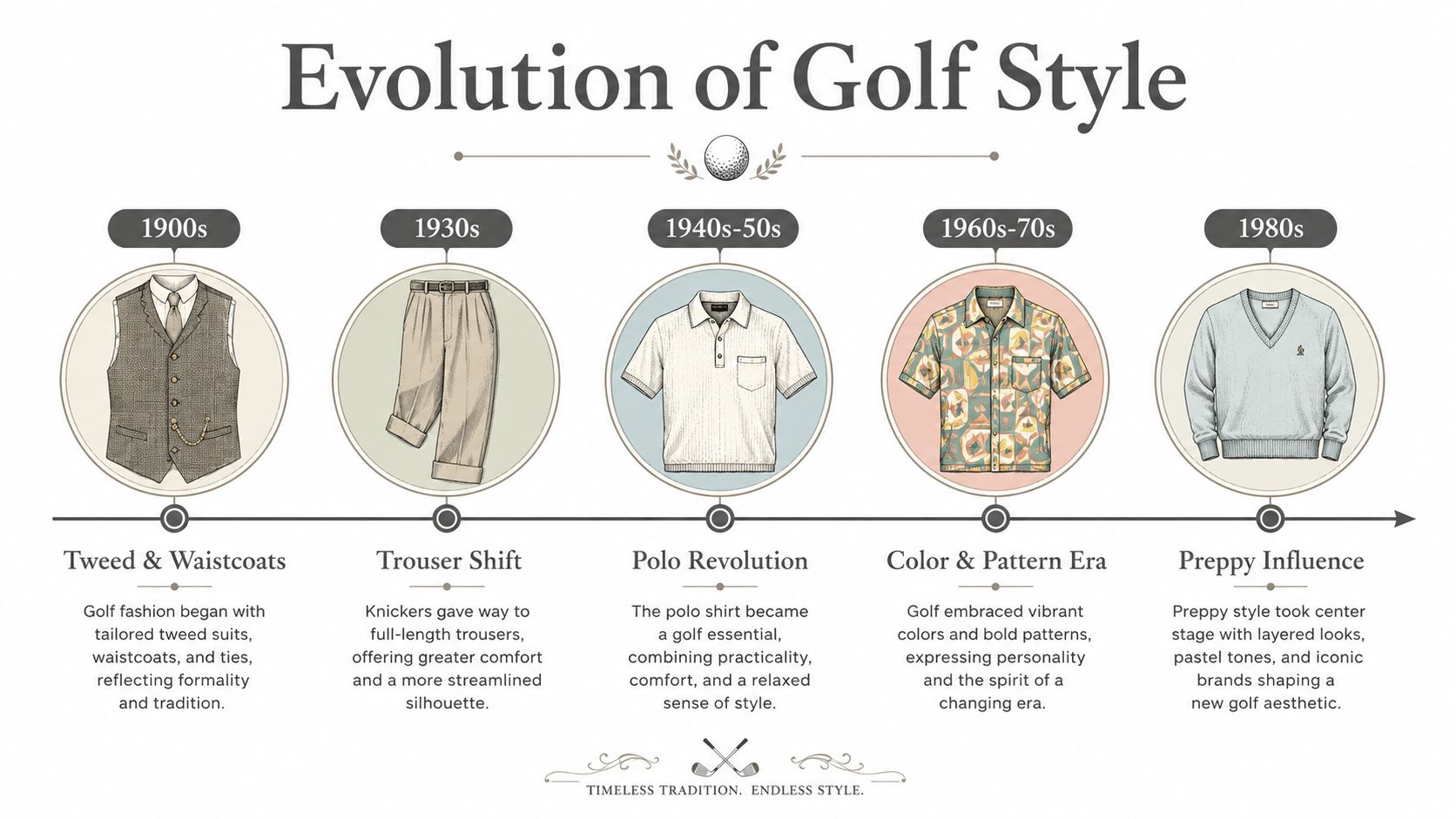 A timeline graphic showing the evolution of golf fashion from 1900s waistcoats to 1980s preppy knitwear.