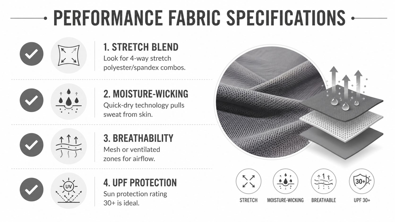 An infographic detailing key performance fabric specifications including stretch, moisture-wicking, breathability, and UPF sun protection features.