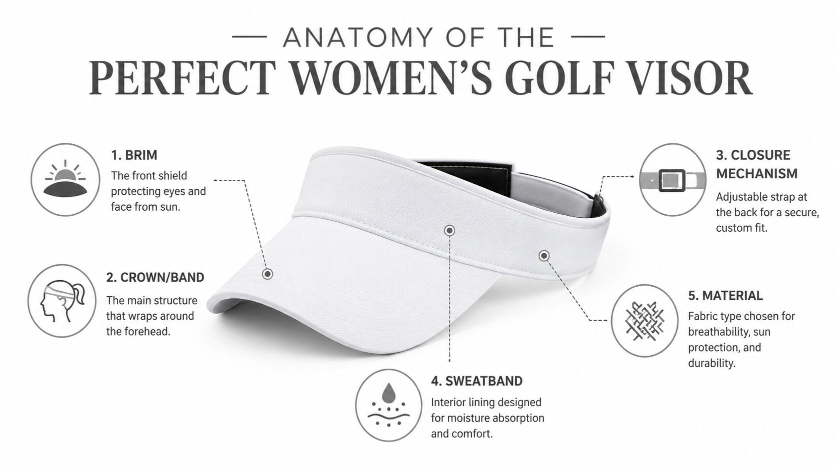 A diagram illustrating the key anatomical features of a white golf visor for women.