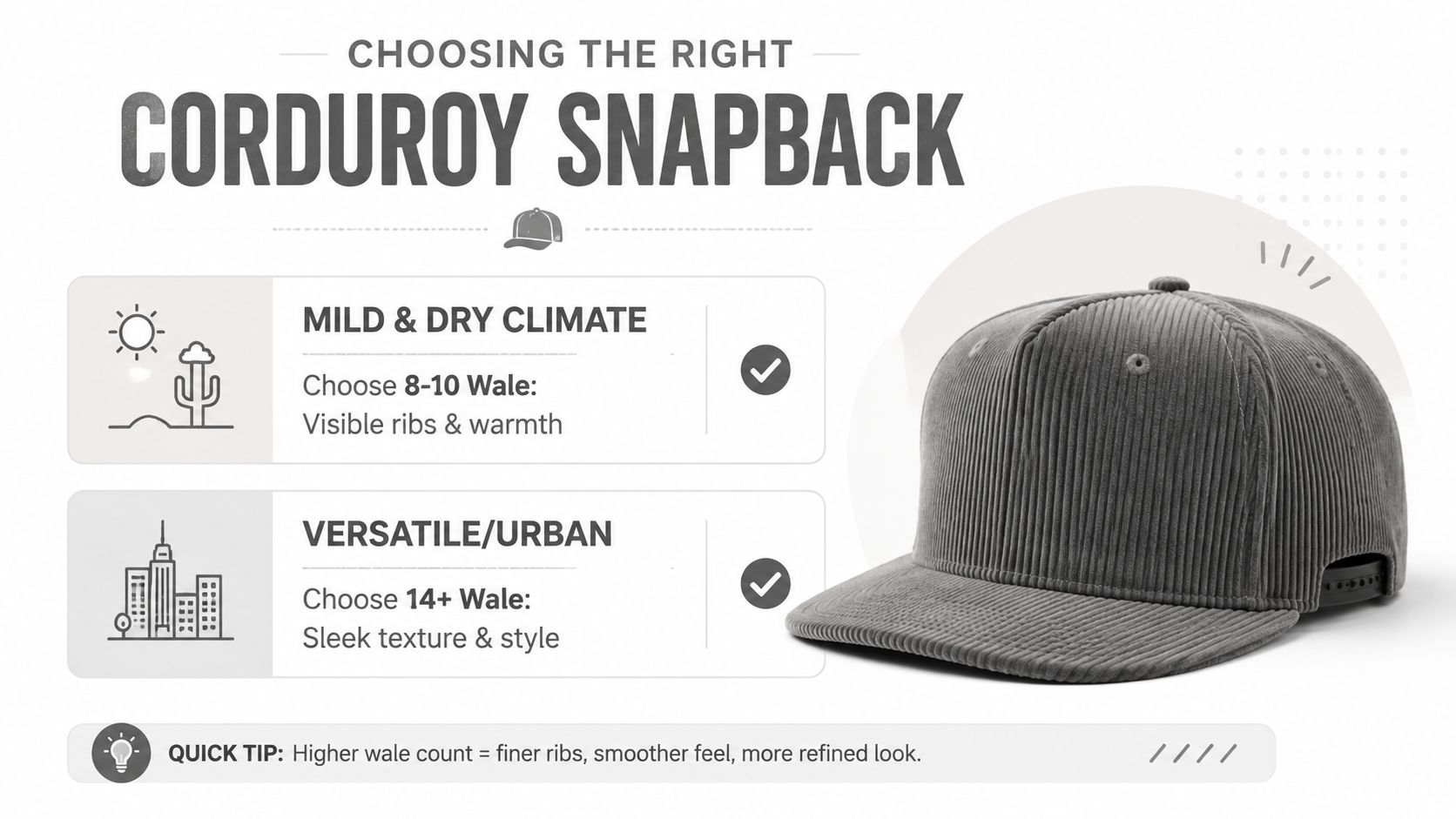 A guide on choosing the right corduroy snapback hat based on climate and style preference.