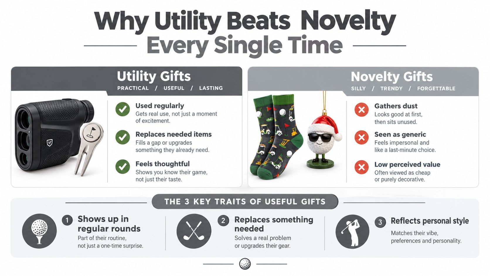 An infographic titled Why Utility Beats Novelty Every Single Time explaining why useful golf gifts are better.