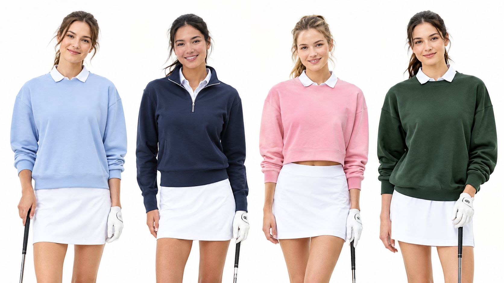 Four women standing side by side wearing collared golf sweatshirts and white skirts against a white background.