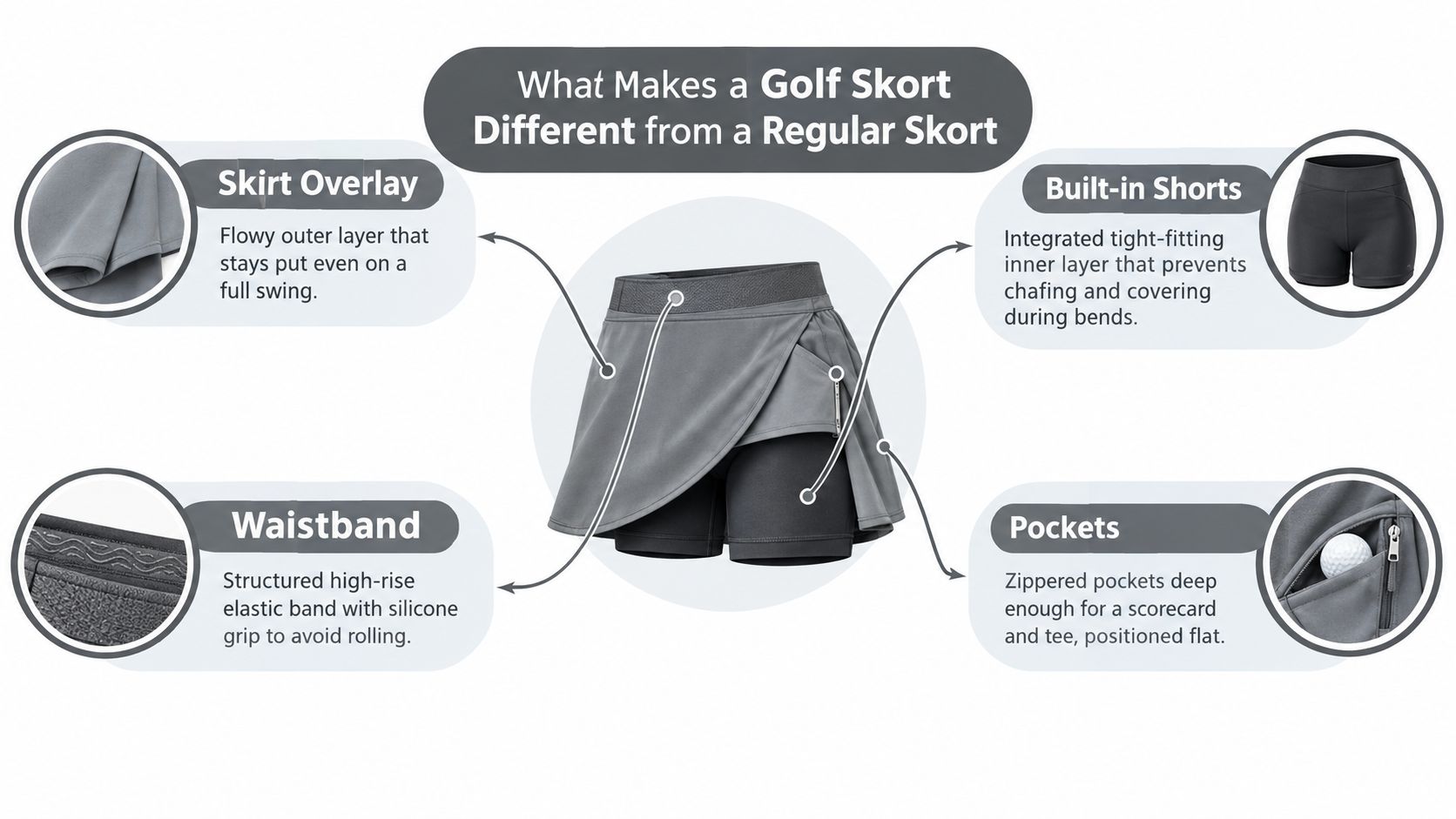 An infographic showing the four key design features of a women's golf skort for active performance.