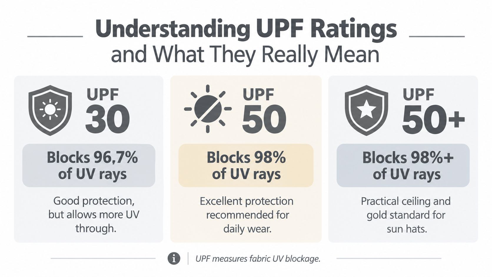 An infographic explaining different UPF ratings for sun protection, comparing levels from 30 to 50 plus.