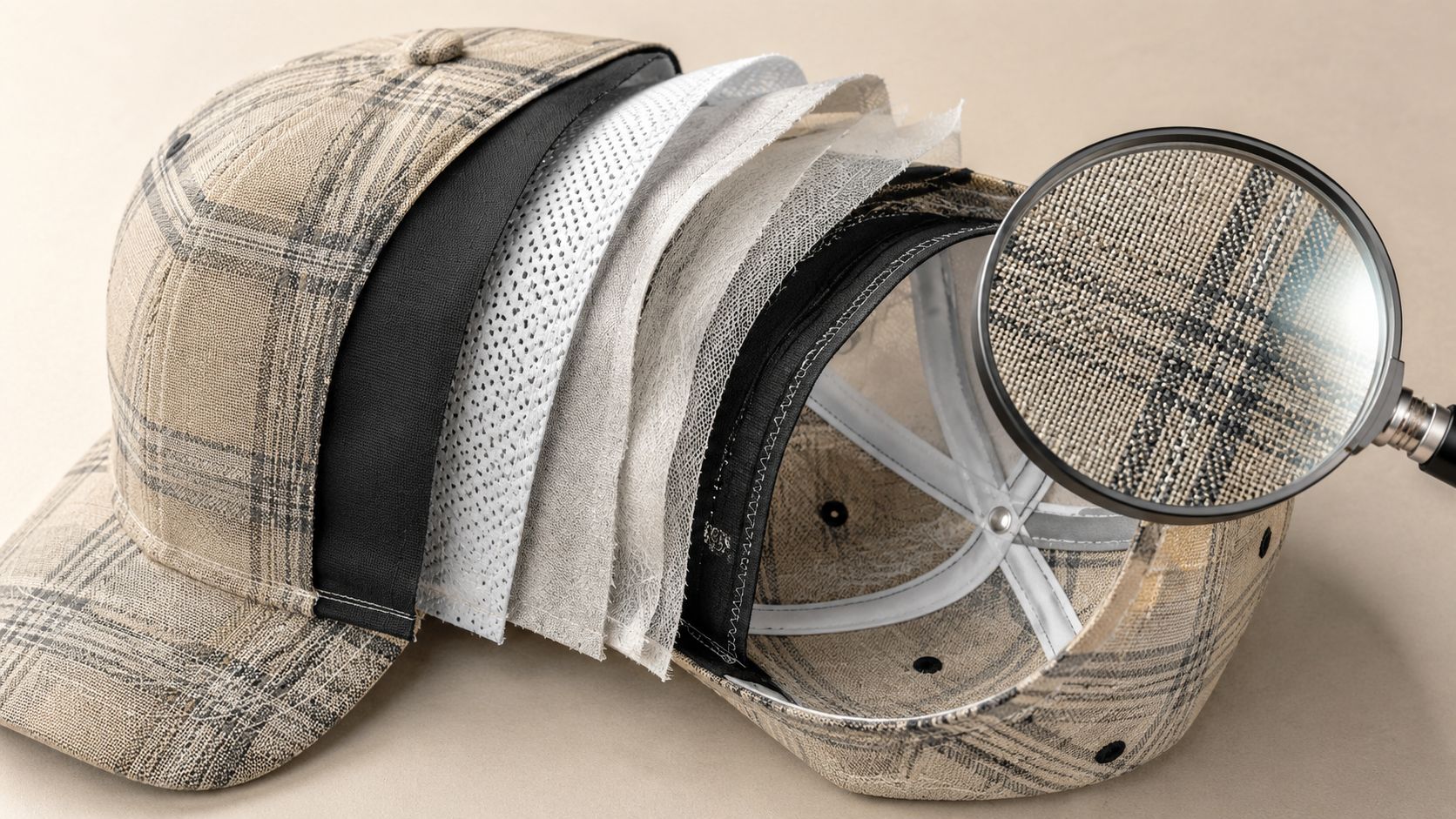 An exploded view of a plaid golf hat showing multiple layered fabric and structural components with a magnifying glass.