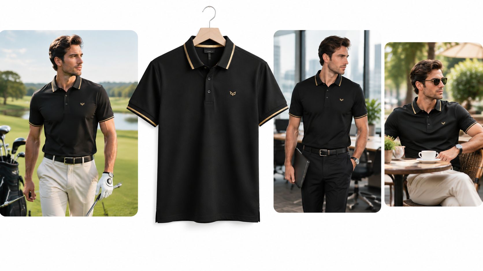 A black polo shirt with gold trim displayed alongside images of a man wearing it in different settings.