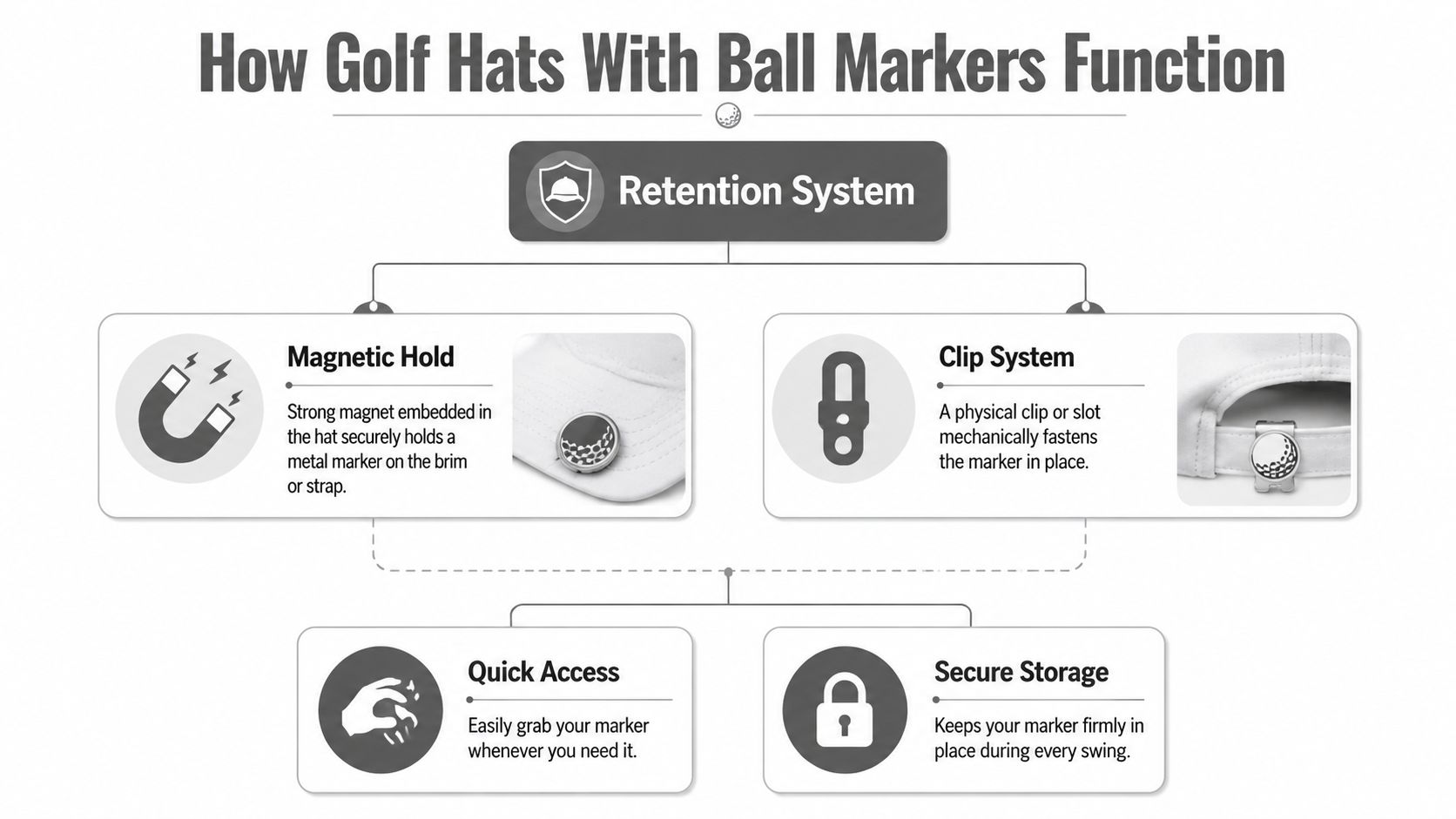 A diagram explaining how golf hats with ball markers use magnetic holds or clip systems for convenience.