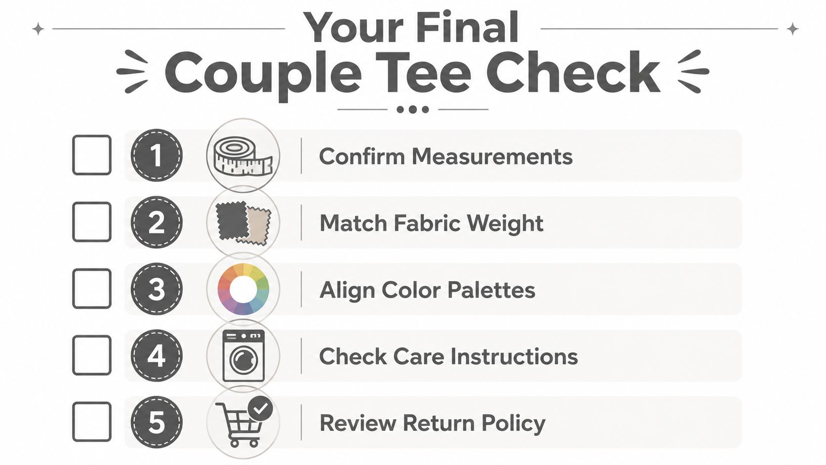 A five-point checklist for couples planning to purchase matching t-shirts, covering measurements, fabric, color, care, and returns.
