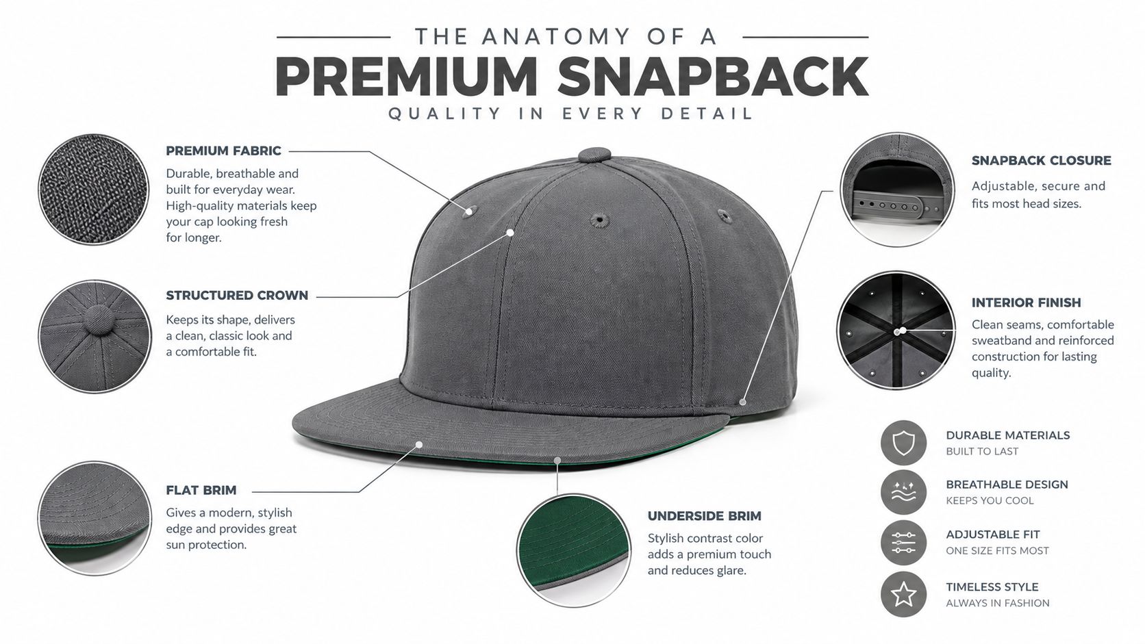 Anatomy diagram of a premium gray snapback hat highlighting features like fabric, crown structure, and adjustable closure.