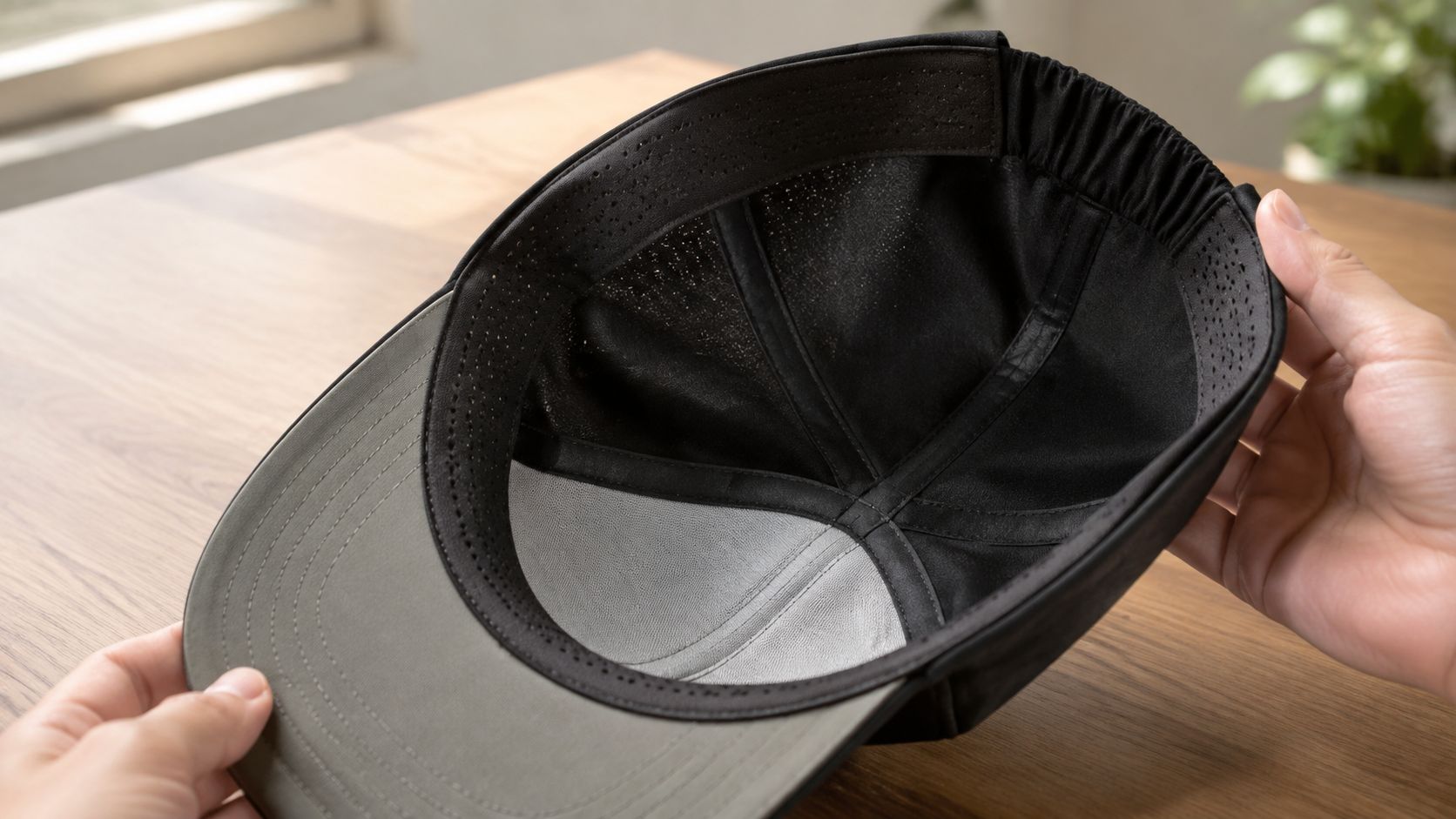 A close-up view of the interior construction of a black baseball cap held by two hands.