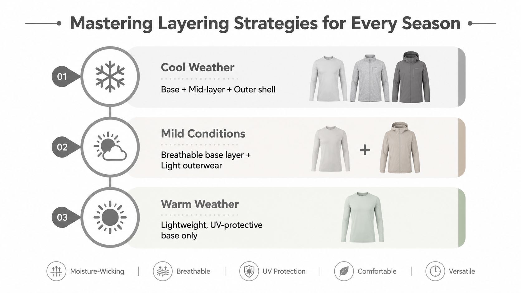 A guide illustrating clothing layering strategies for cool, mild, and warm weather conditions to optimize comfort.