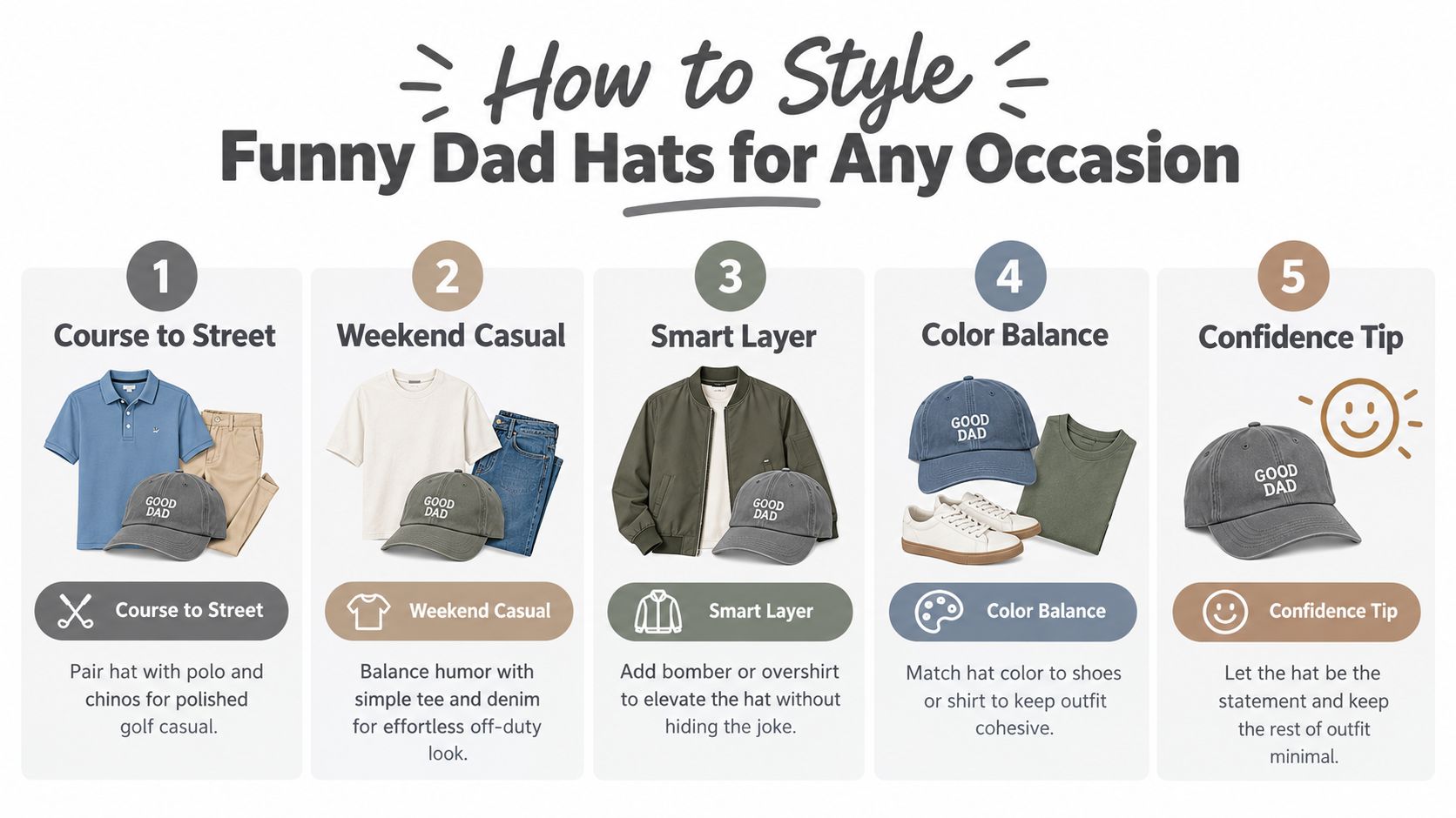 An infographic showing five tips for styling funny dad hats for different casual and smart-casual occasions.