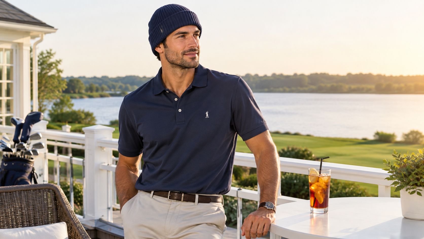 A stylish man wearing a navy blue beanie and polo shirt standing on a balcony overlooking a golf course.