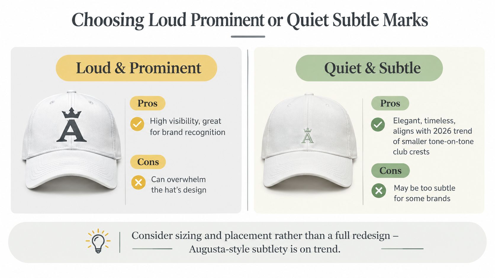 A comparison guide between loud prominent and quiet subtle hat logo branding options on white caps.