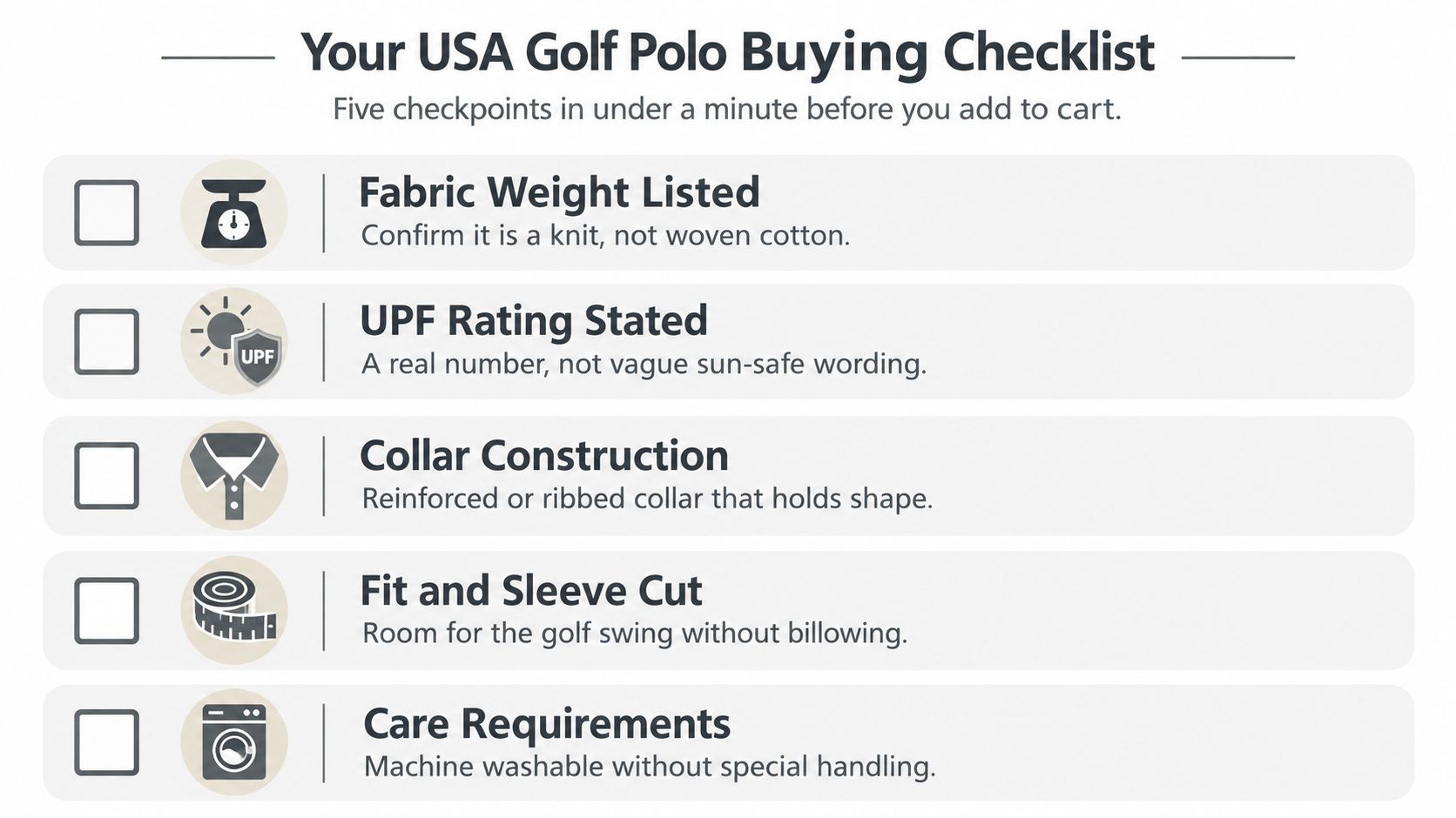 A checklist for buying a USA golf polo featuring five key considerations for quality and performance.