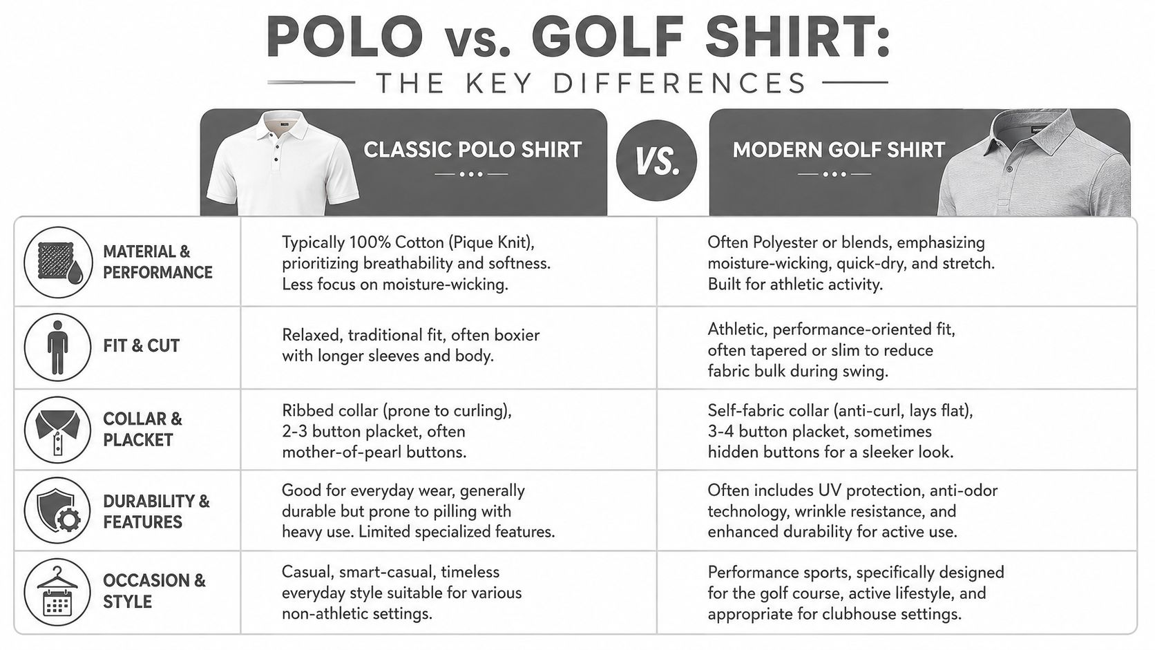 A comparison chart outlining key differences between a classic polo shirt and a modern golf shirt.