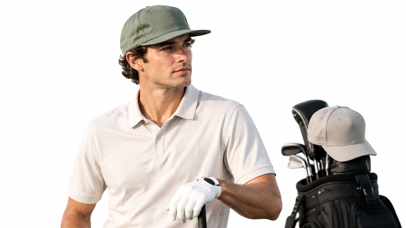 A handsome golfer wearing a green five-panel golf hat and a white polo shirt with a golf bag.