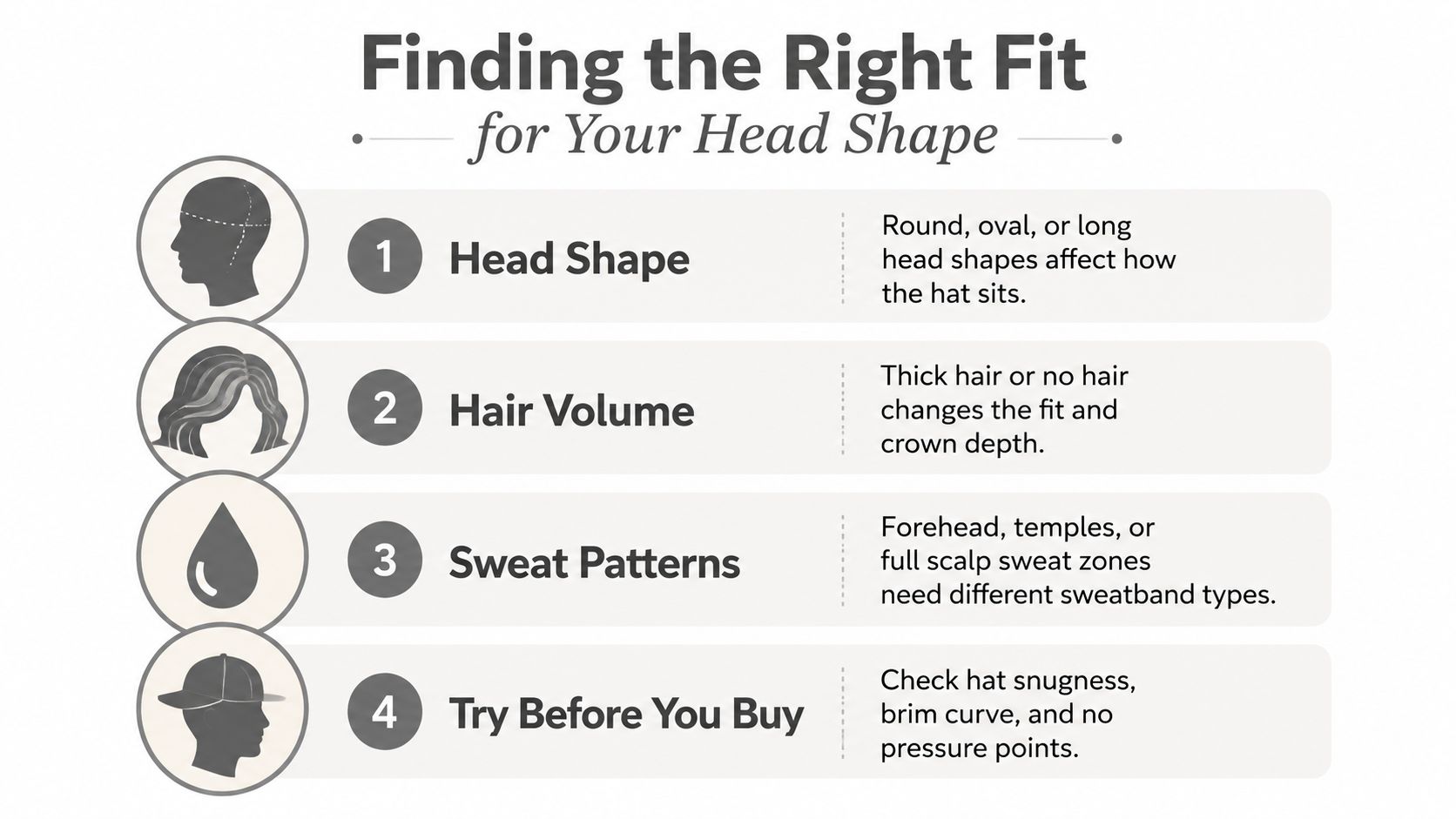 An infographic titled Finding the Right Fit for Your Head Shape with four steps for choosing hats.