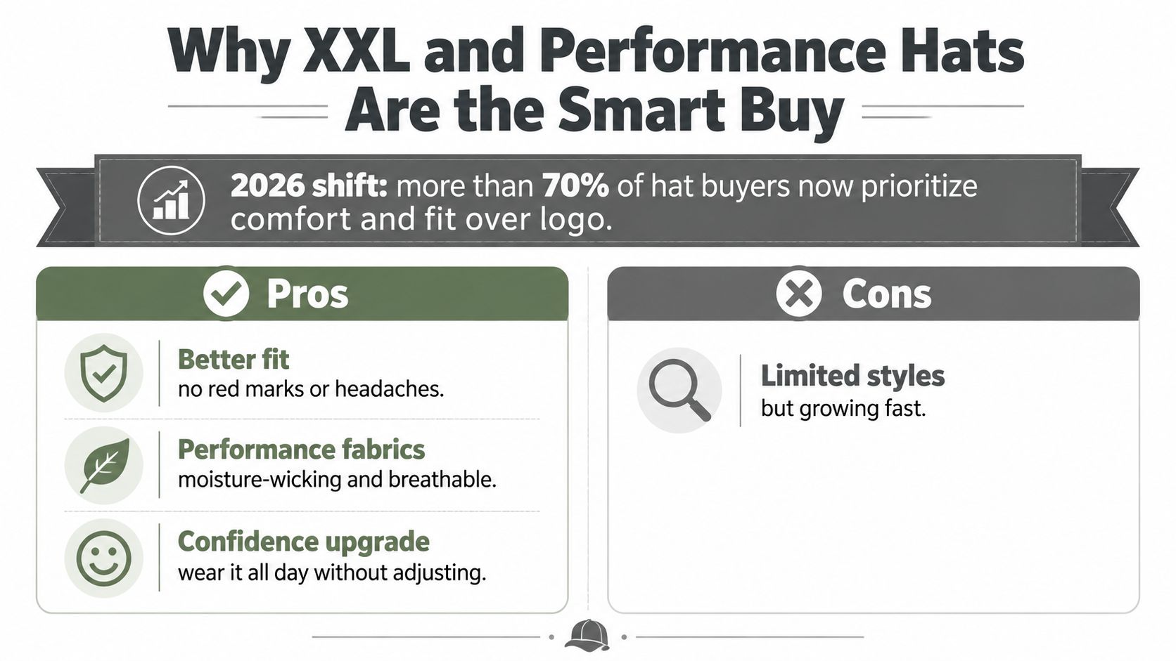 A graphic highlighting the benefits of XXL and performance hats, focusing on comfort, fit, and moisture-wicking materials.