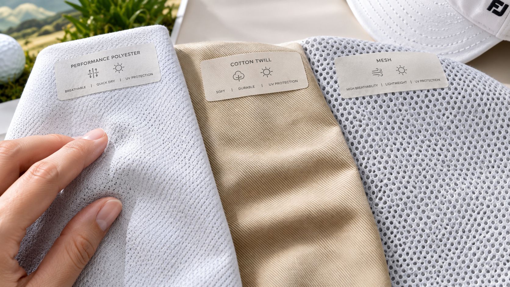 A hand touches performance polyester fabric next to cotton twill and mesh materials for golf hats.