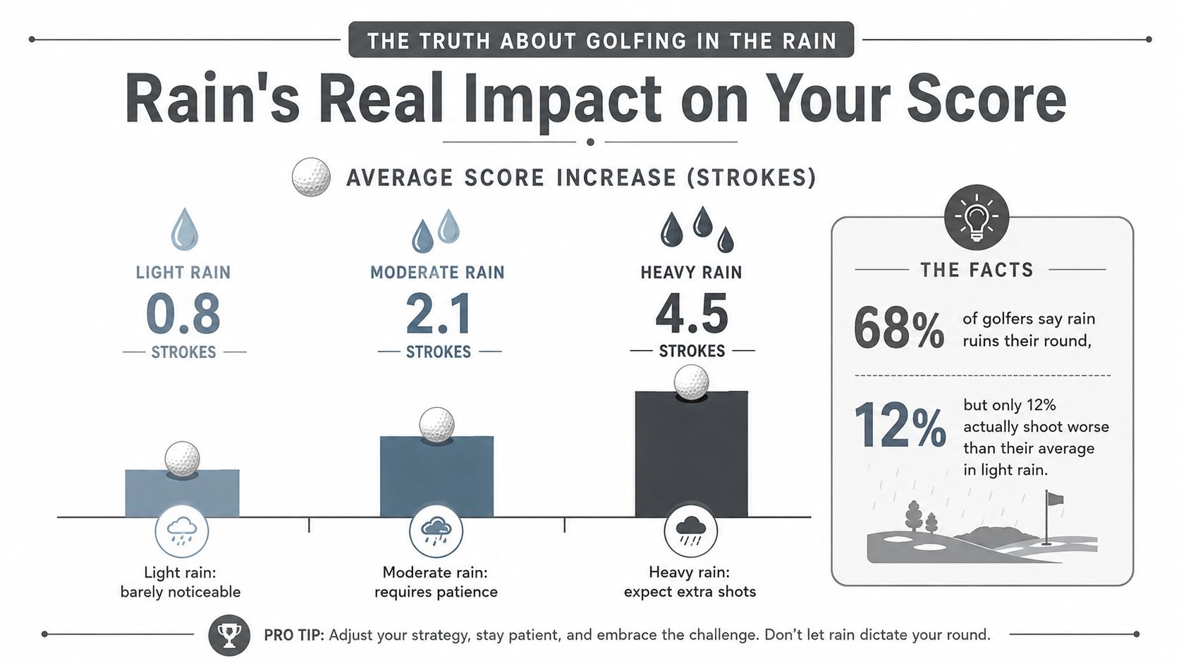 An infographic showing the average golf score increase in light, moderate, and heavy rain conditions.