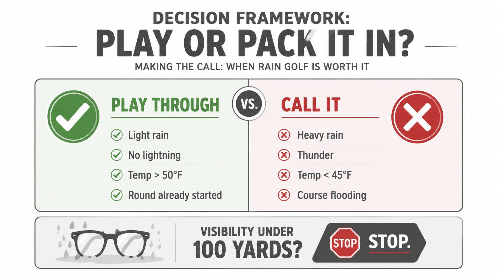 A decision framework infographic displaying guidelines for when to play golf in the rain versus stopping.