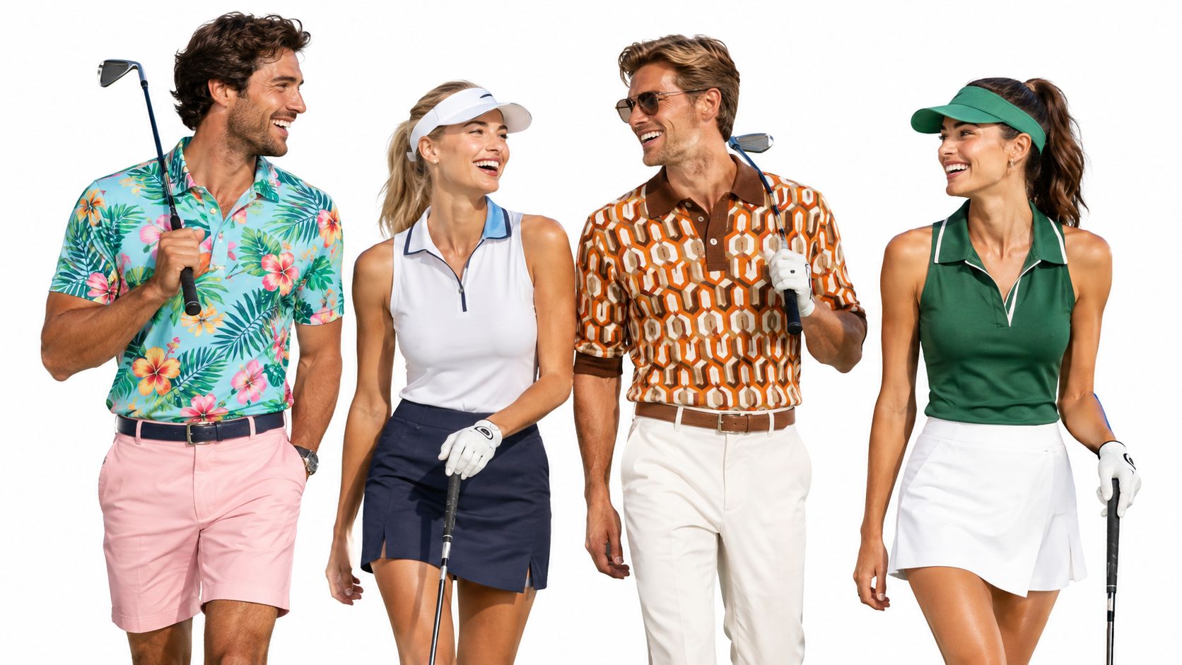 Four happy people dressed in stylish and vibrant golf apparel walking together outdoors on a sunny day.