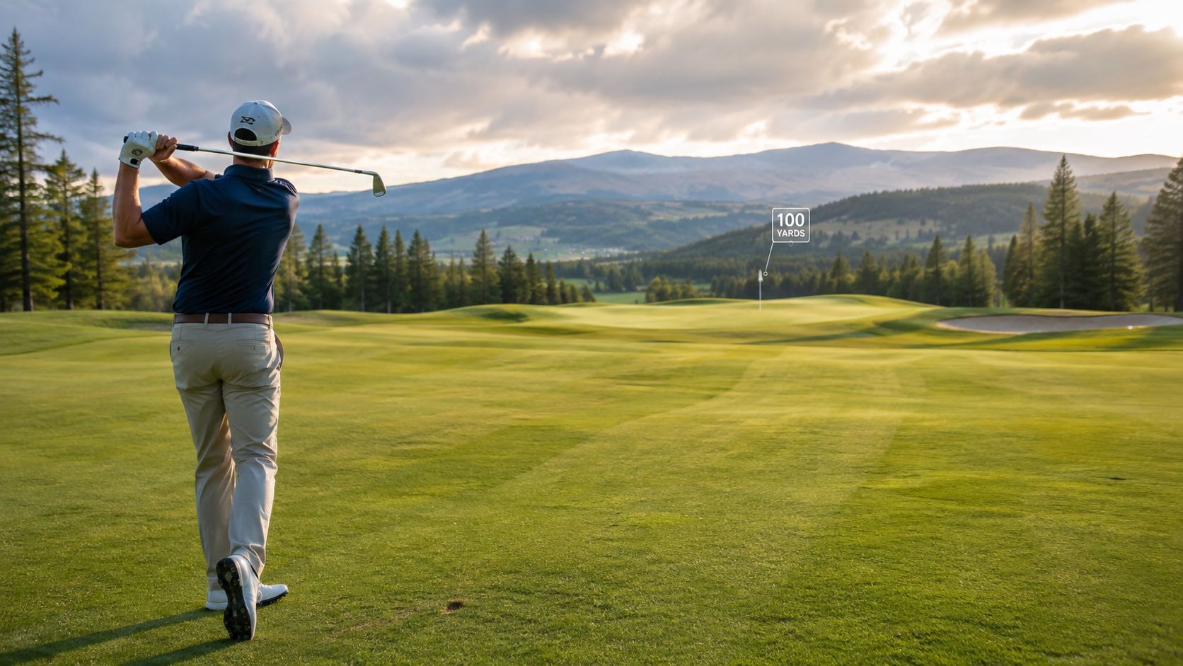 A professional golfer completes a swing on a scenic golf course fairway toward the distant flag.