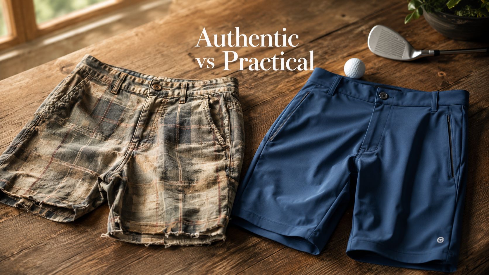 A pair of worn, vintage plaid shorts next to modern, practical navy blue athletic golf shorts.