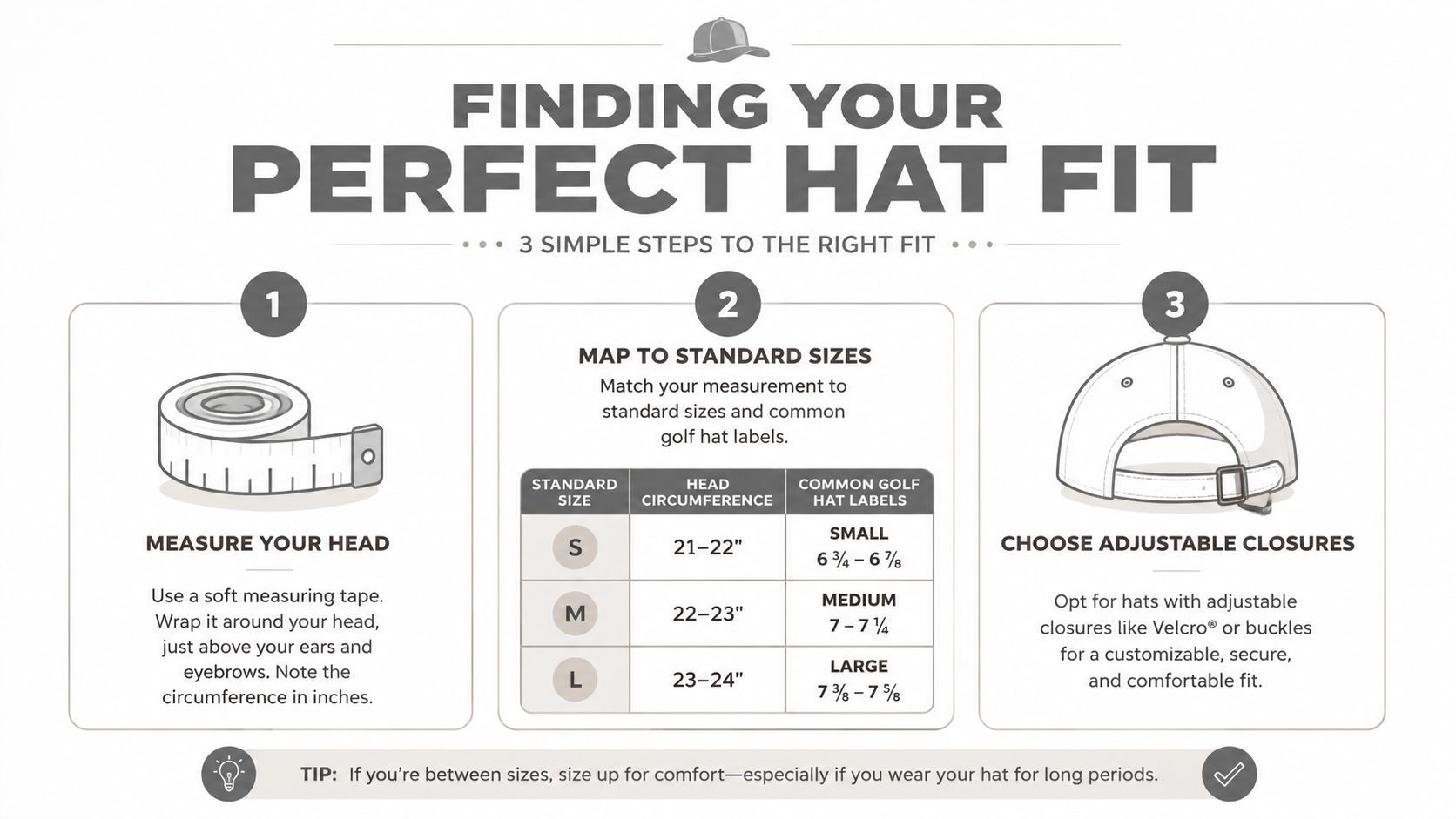 A simple guide illustration showing three steps for finding the perfect hat fit using a measuring tape.