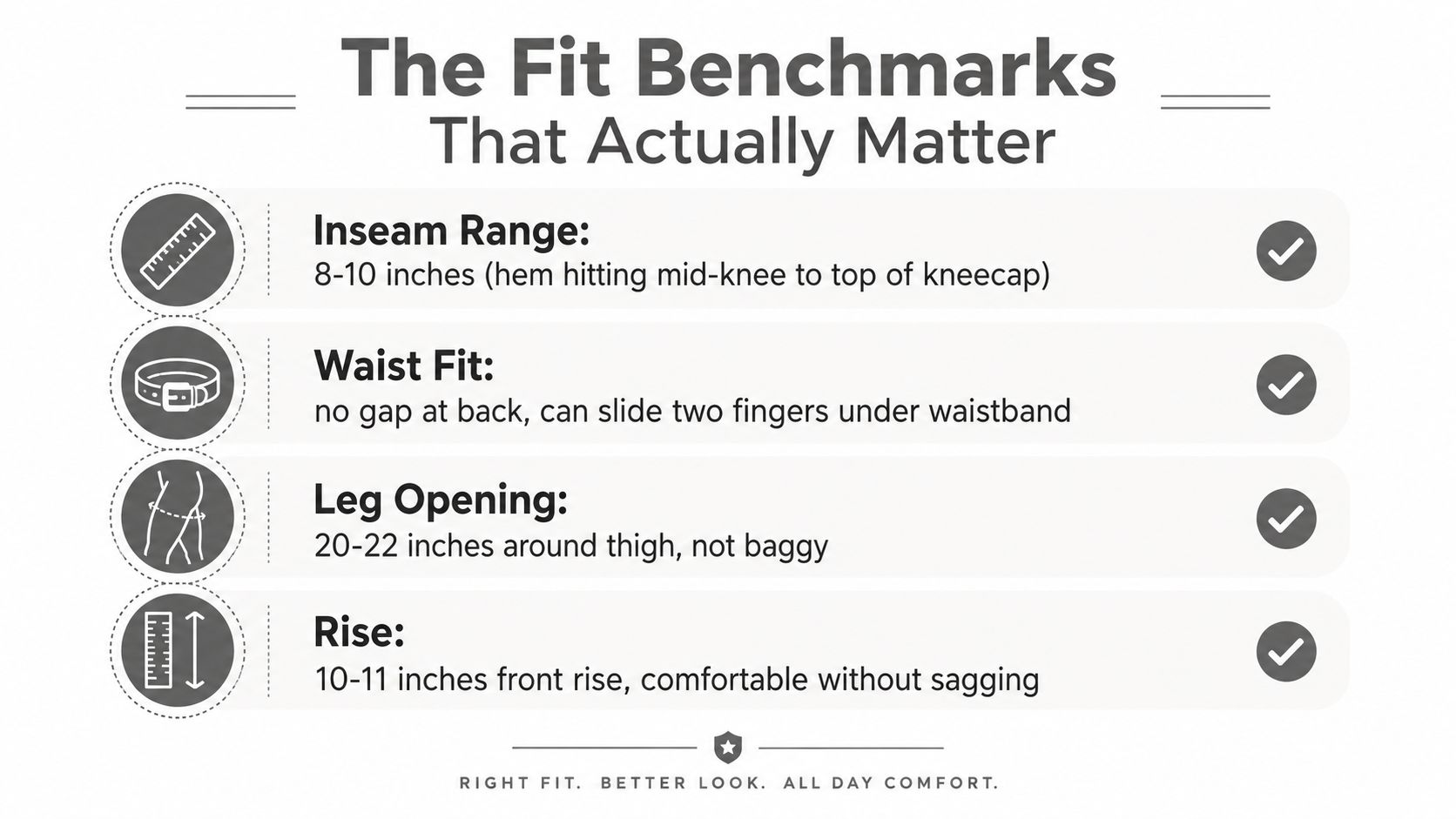 An infographic titled The Fit Benchmarks That Actually Matter detailing proper inseam, waist, leg opening, and rise measurements.