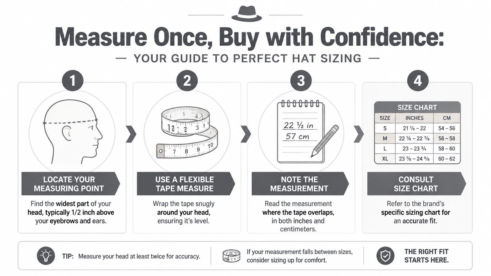 A four-step infographic guide explaining how to measure your head correctly for finding the perfect hat size.
