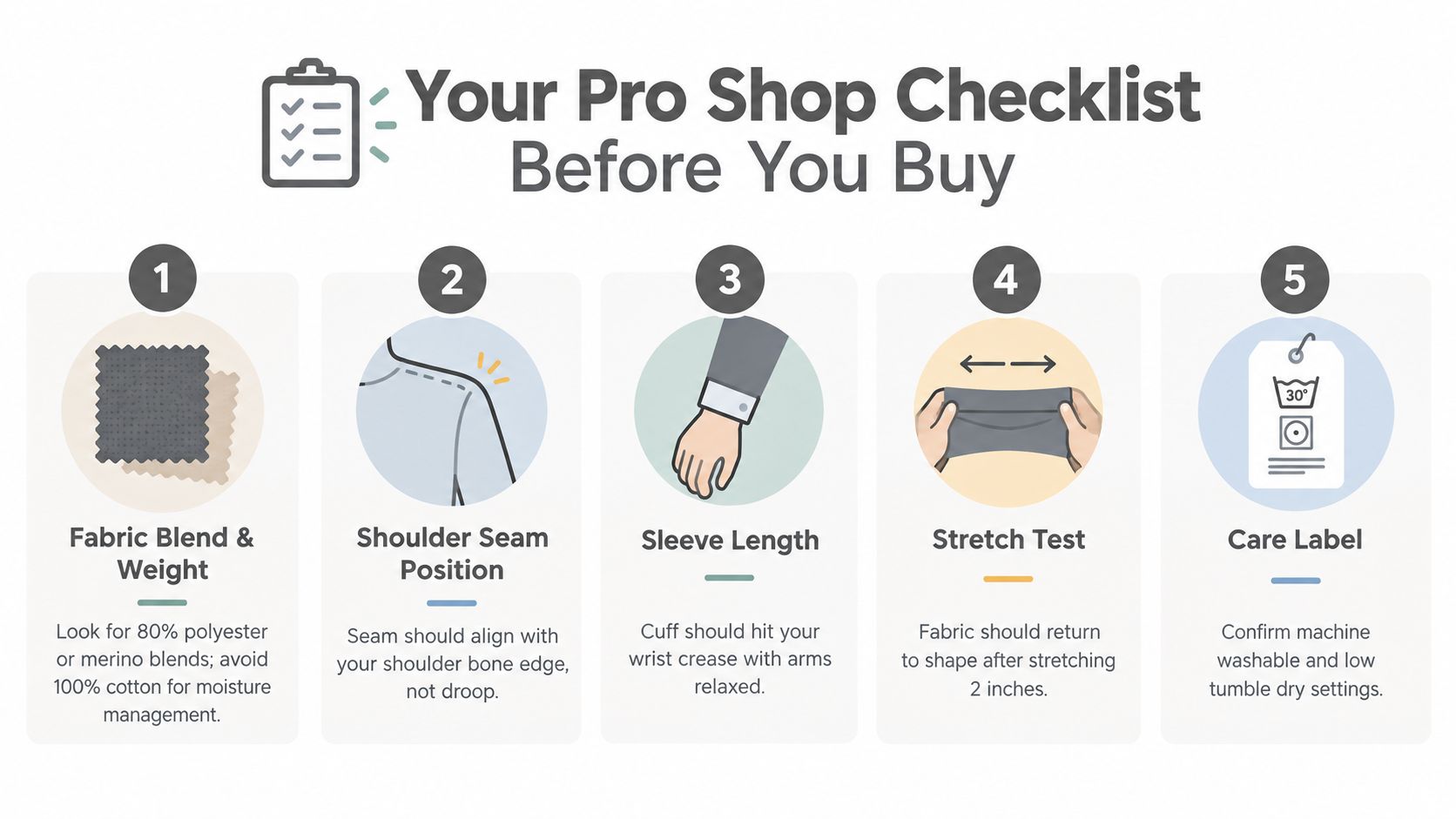 A checklist of five tips for choosing the right athletic clothing, including fabric, seams, sleeves, stretch, and care.