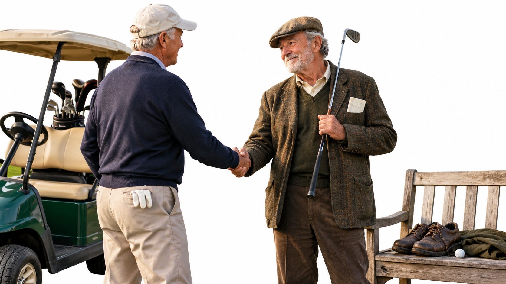 Two senior men shaking hands on a golf course with a golf cart and bench nearby.