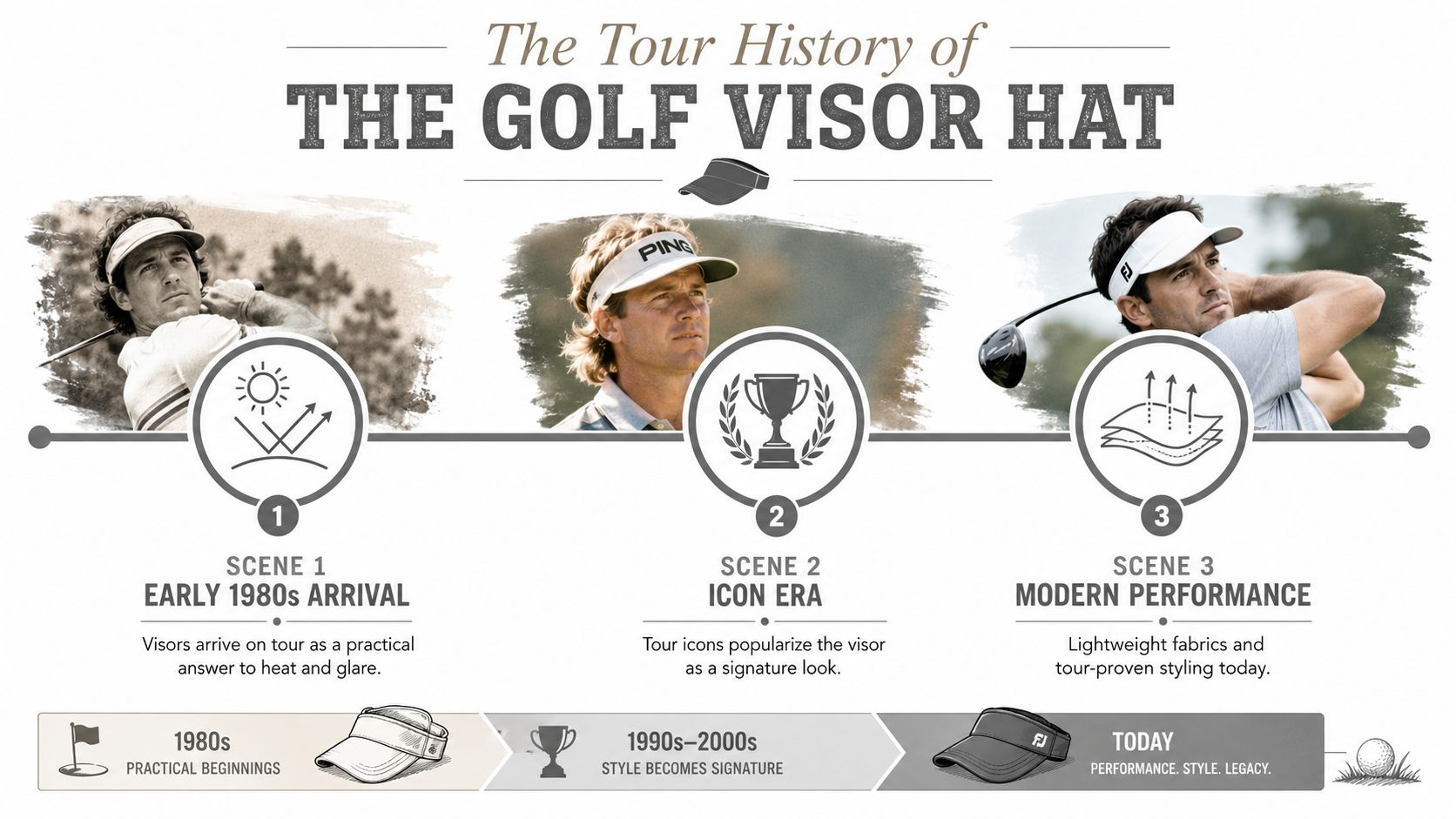 A visual timeline infographic illustrating the evolution and history of the golf visor hat over decades.