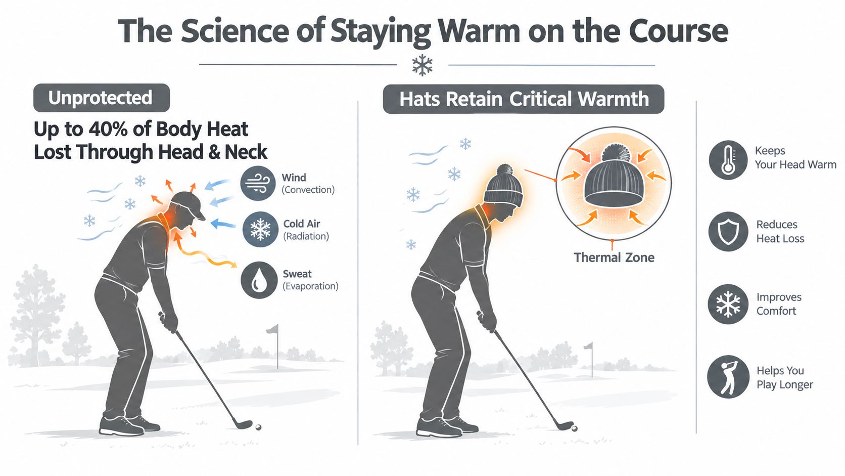 An infographic showing how wearing a warm hat reduces body heat loss during cold weather golf.