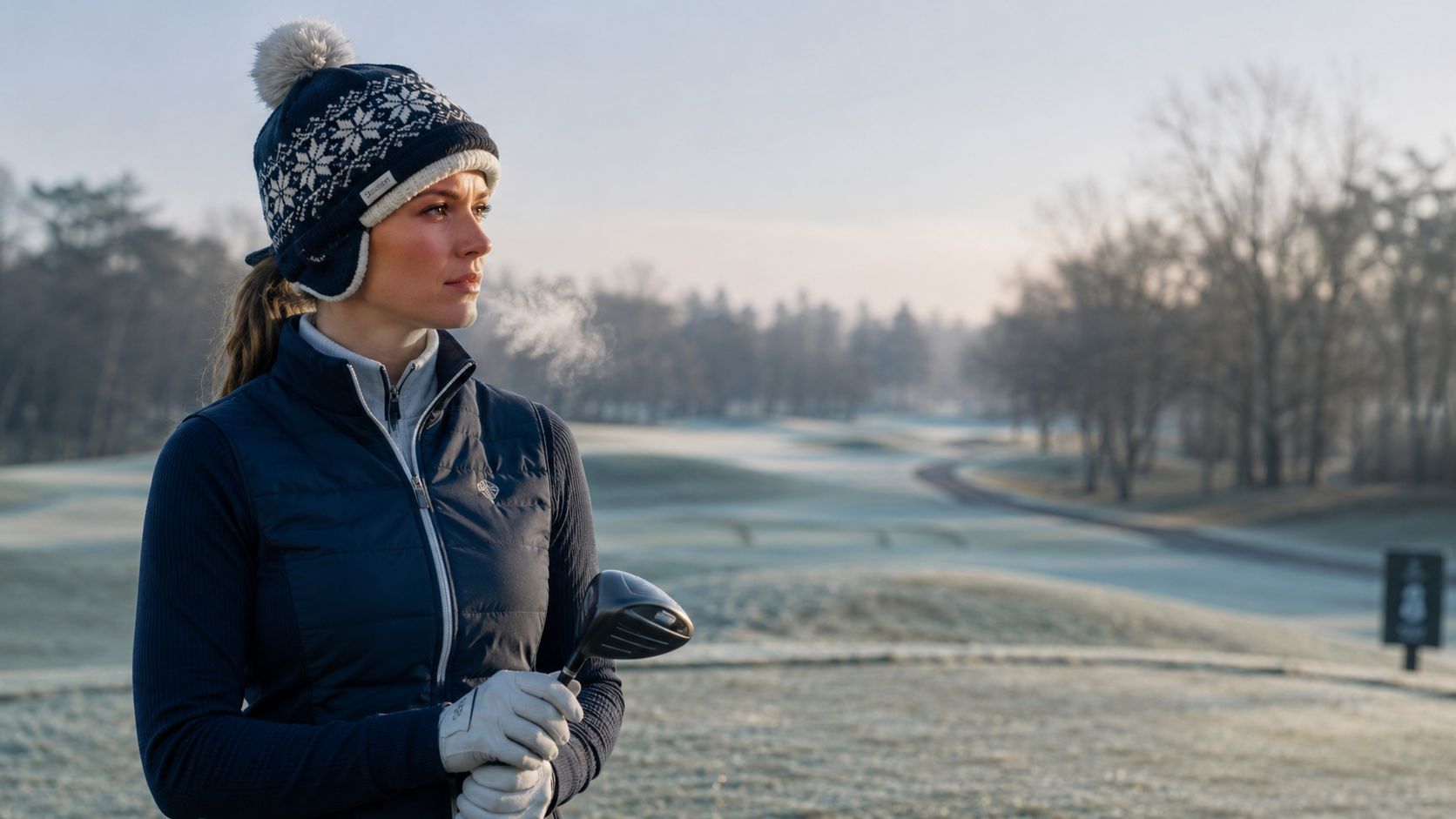 A woman wearing a stylish winter golf hat and vest holding a golf club on a frosty course.