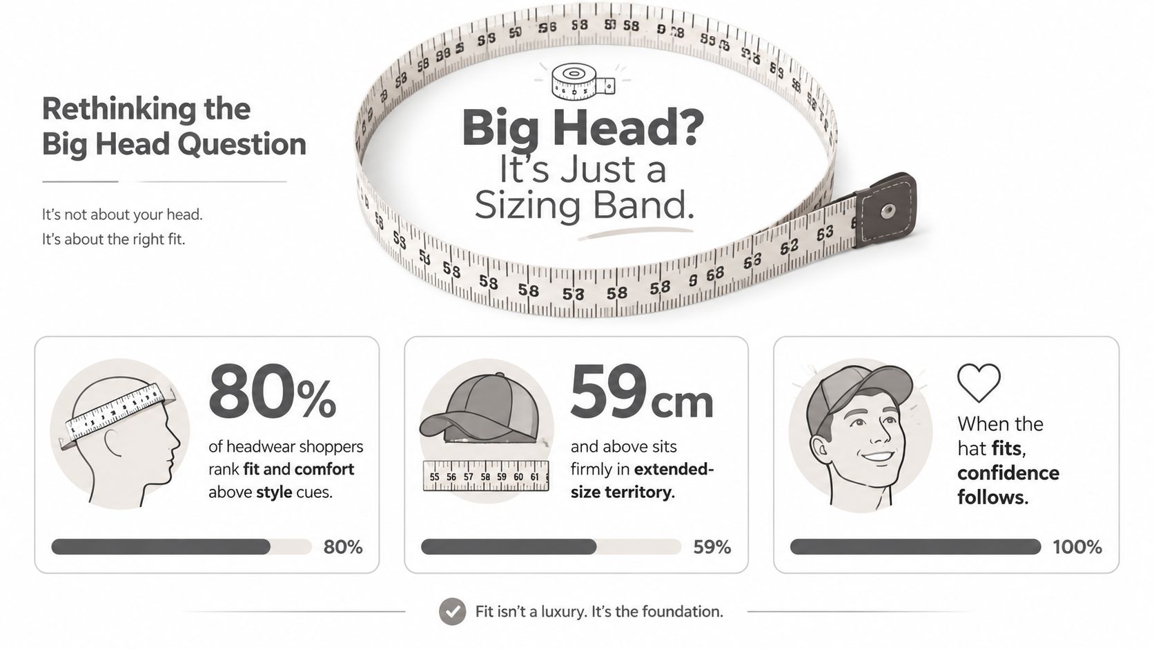 An infographic illustrating that hat fit is more important for comfort than just head size measurements.