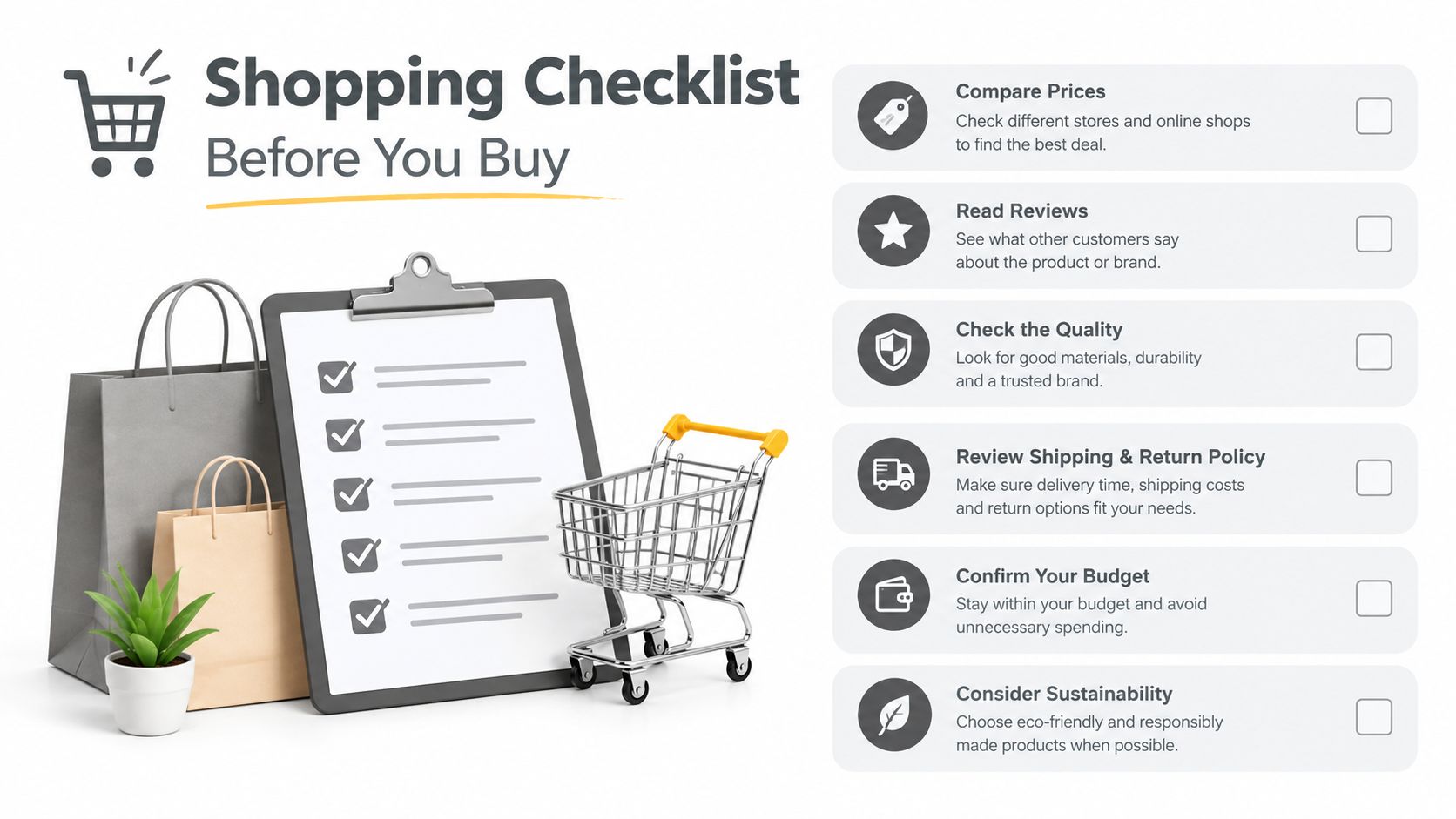 A shopping checklist graphic with six essential tips for making informed and responsible purchasing decisions before buying.