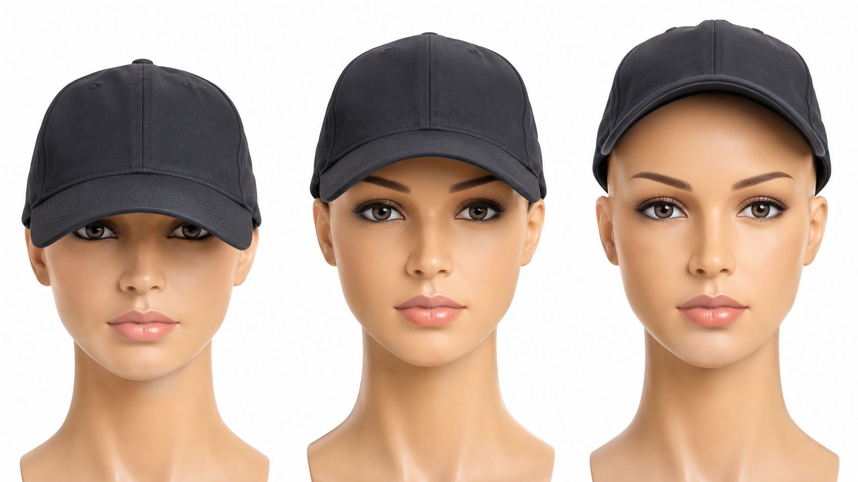 Three identical female mannequin heads wearing black baseball hats against a clean white background studio shot.