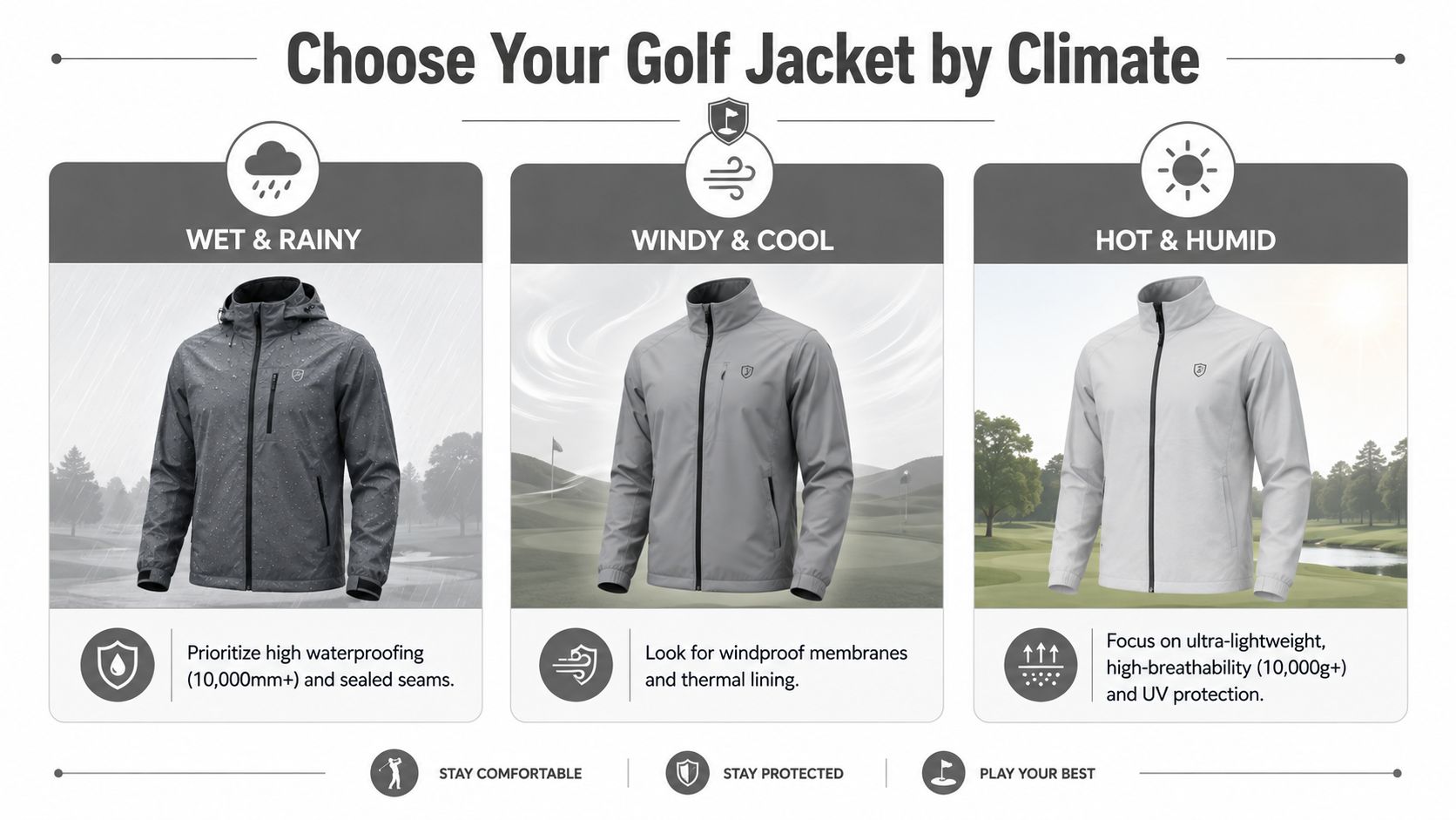 An infographic showing three different golf jackets recommended for wet, windy, or hot weather conditions.